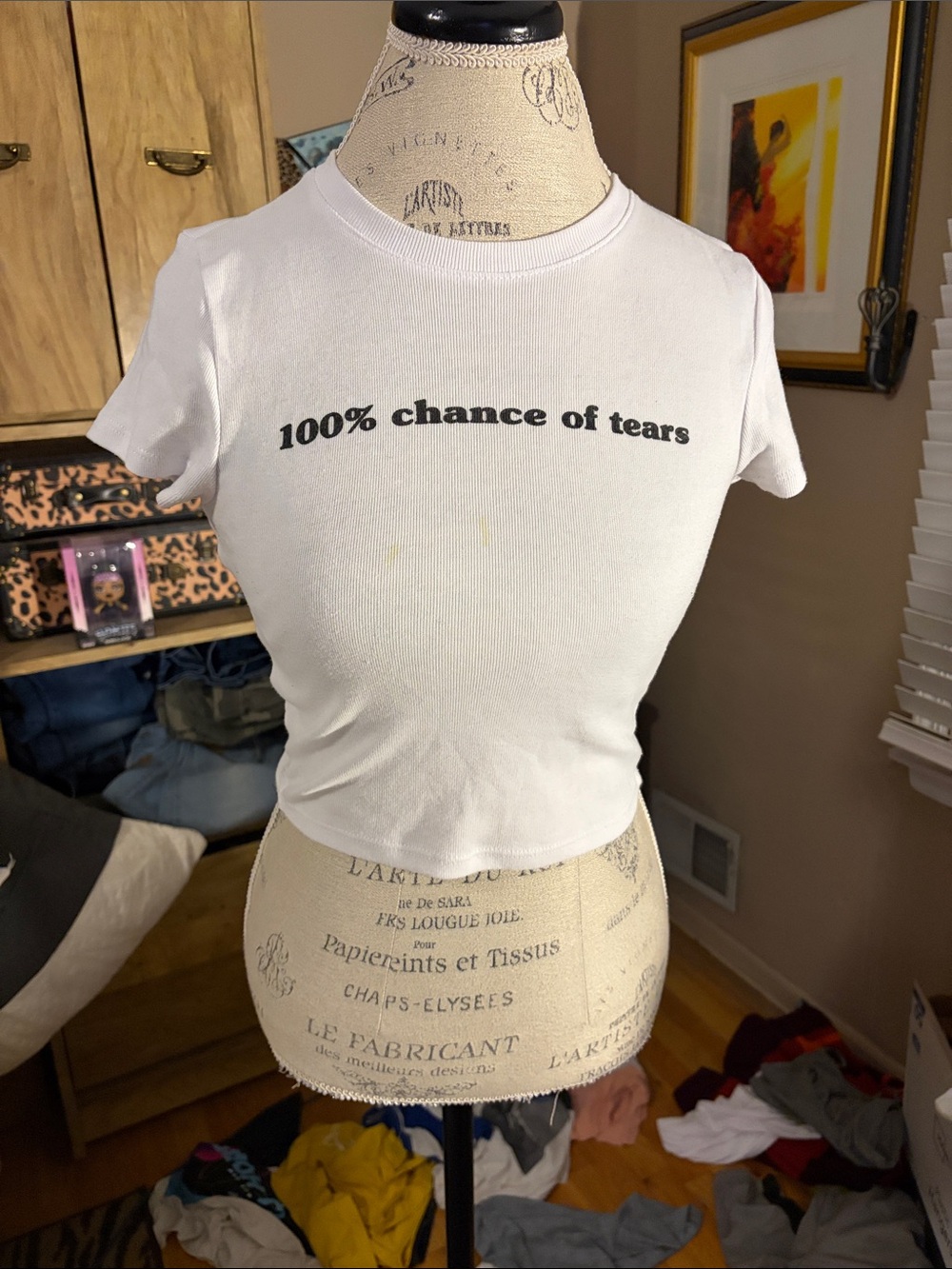 White Graphic Tee — "100% Chance of Tears" - Medium